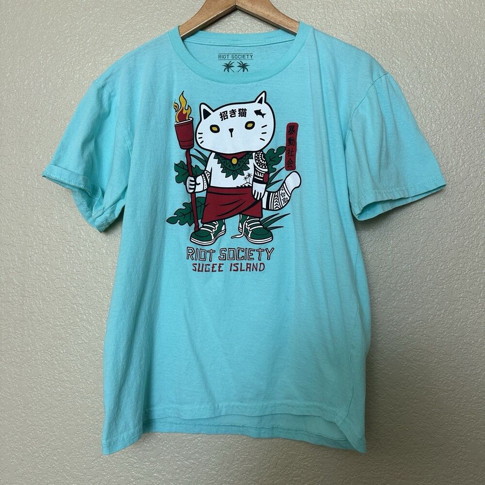 Riot Society Sugee Island Lucky Cat Mint Pastel Green T Shirt-Size Boys XL